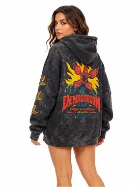 Stranger Things Demogorgon Acid Wash Graphic Hoodie XL Netflix Oversized Pullove